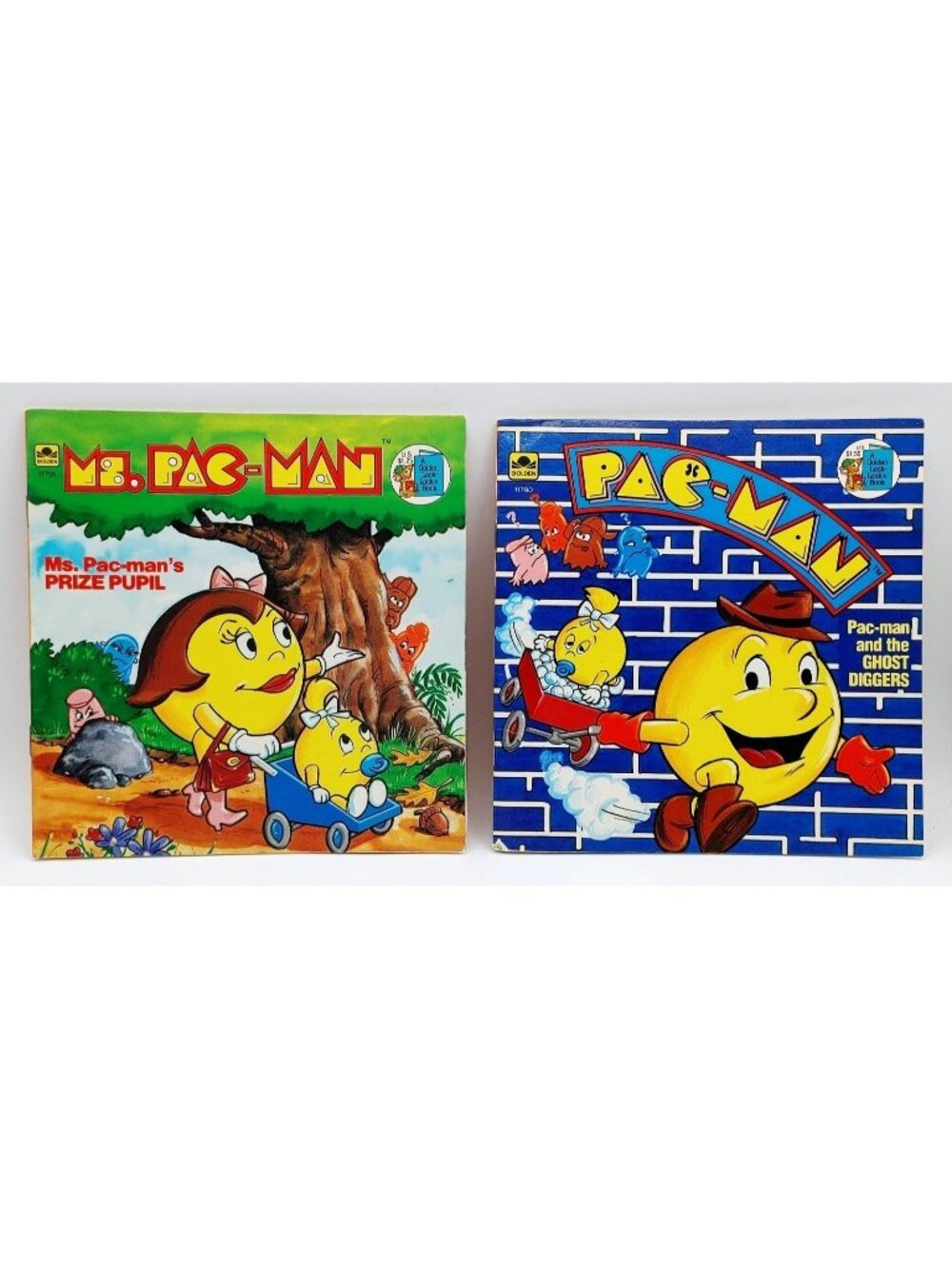 Pac-Man & Ms. Pac-Man Golden Book Lot 1983 Prize Pupil Ghost Diggers Vintage